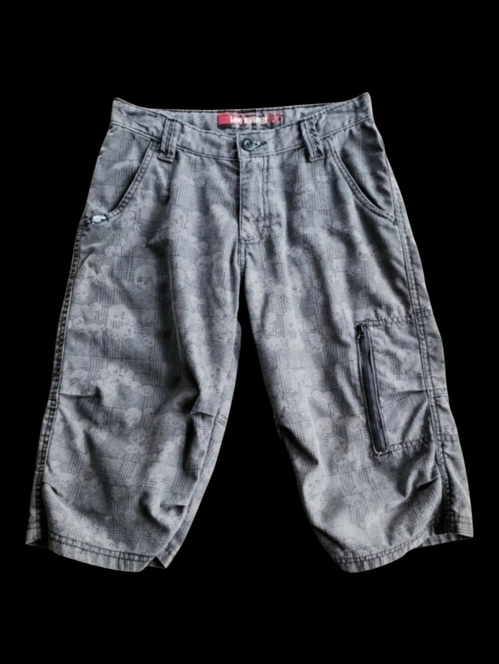 💀Rare- Y2K / Grunge Lee Dungarees Sure2Fit Skull Plaid Longboard Cargo Shorts